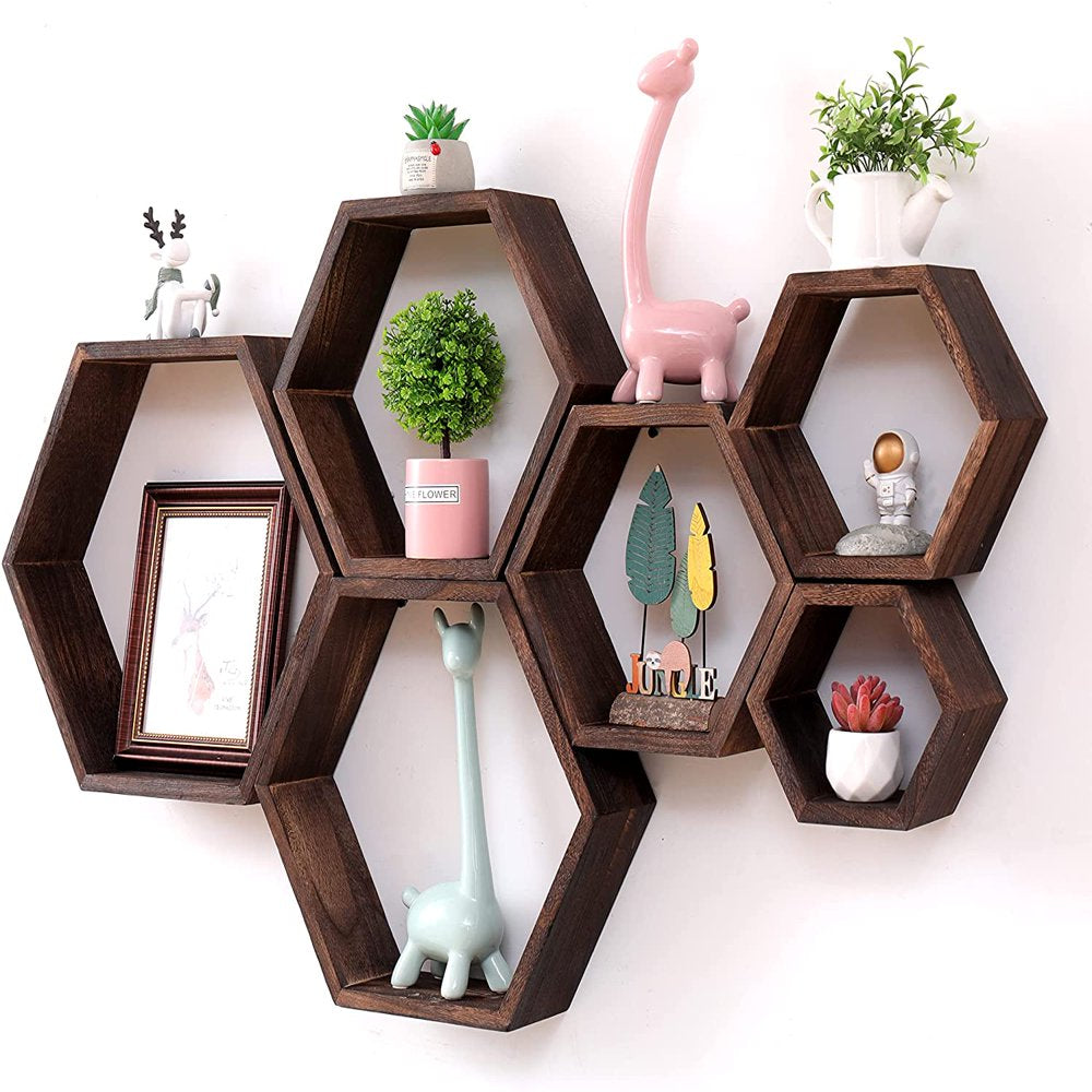 Hexagon Floating Shelves,Large Size Wall Mounted Wood Farmhouse Storage Honeycomb Wall 6 of Shelves , Hexagonal Decor Wall Shelves for Bedroom, Living Room, Office, Brwon
