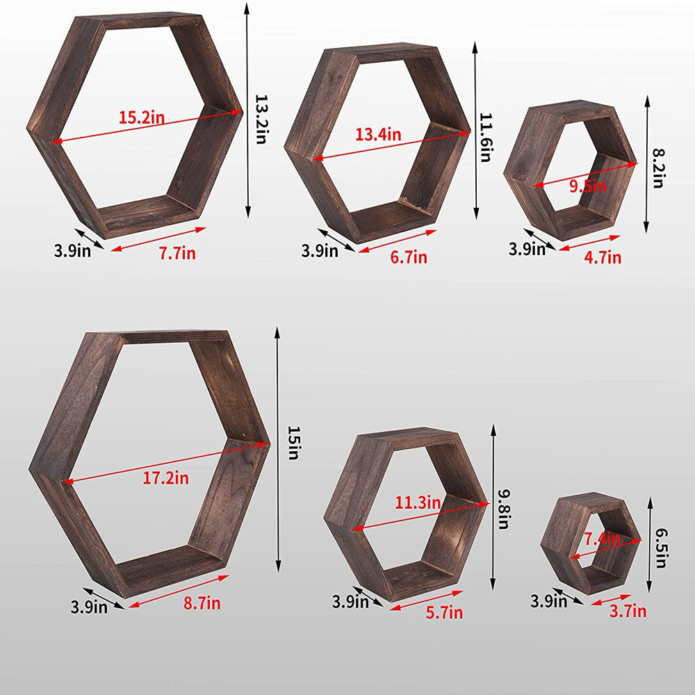 Hexagon Floating Shelves,Large Size Wall Mounted Wood Farmhouse Storage Honeycomb Wall 6 of Shelves , Hexagonal Decor Wall Shelves for Bedroom, Living Room, Office, Brwon