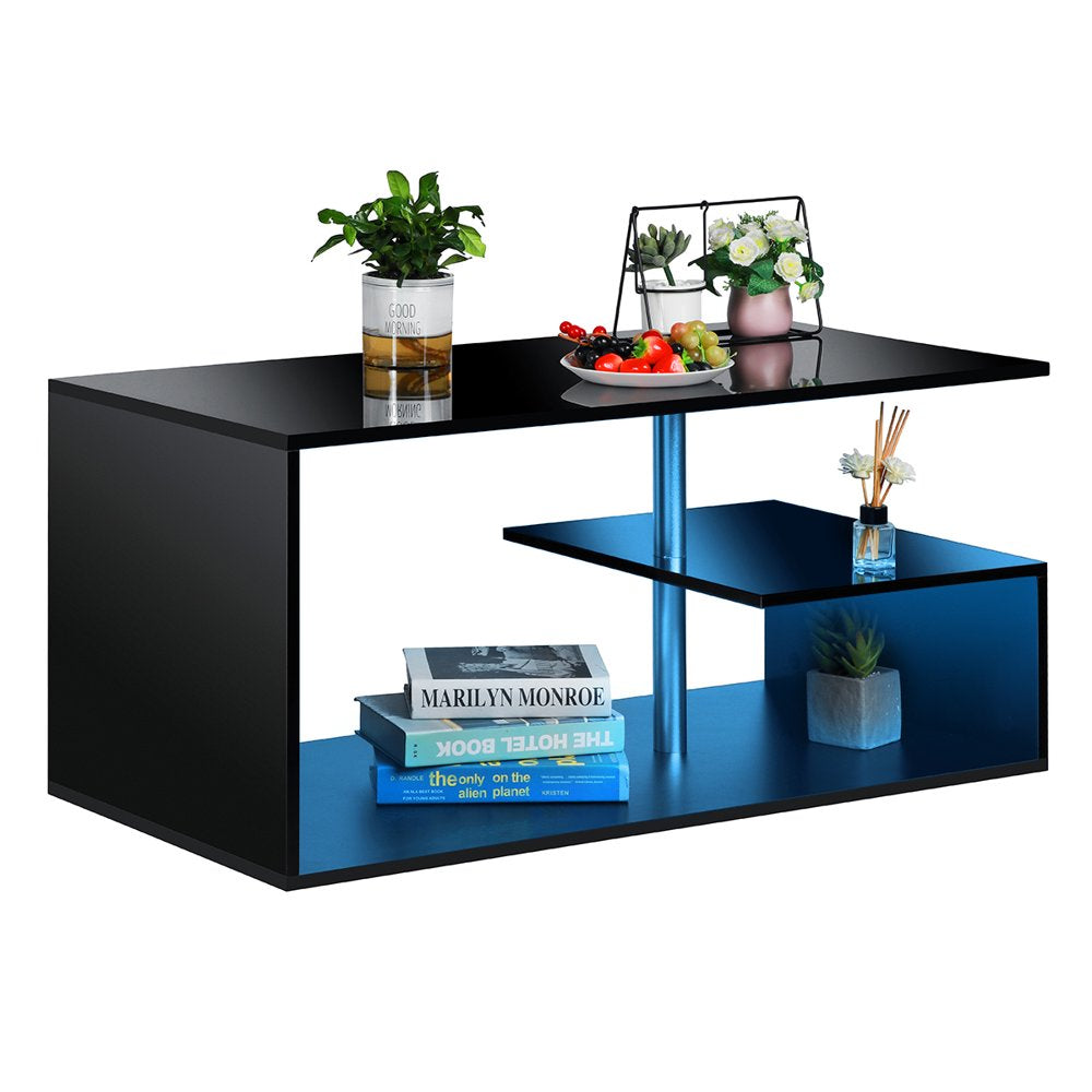 High Gloss Coffee Table with Open Shelf LED Lights Smart APP Control White Center Sofa End Table S Shaped Modern Cocktail Tables with for Living Room