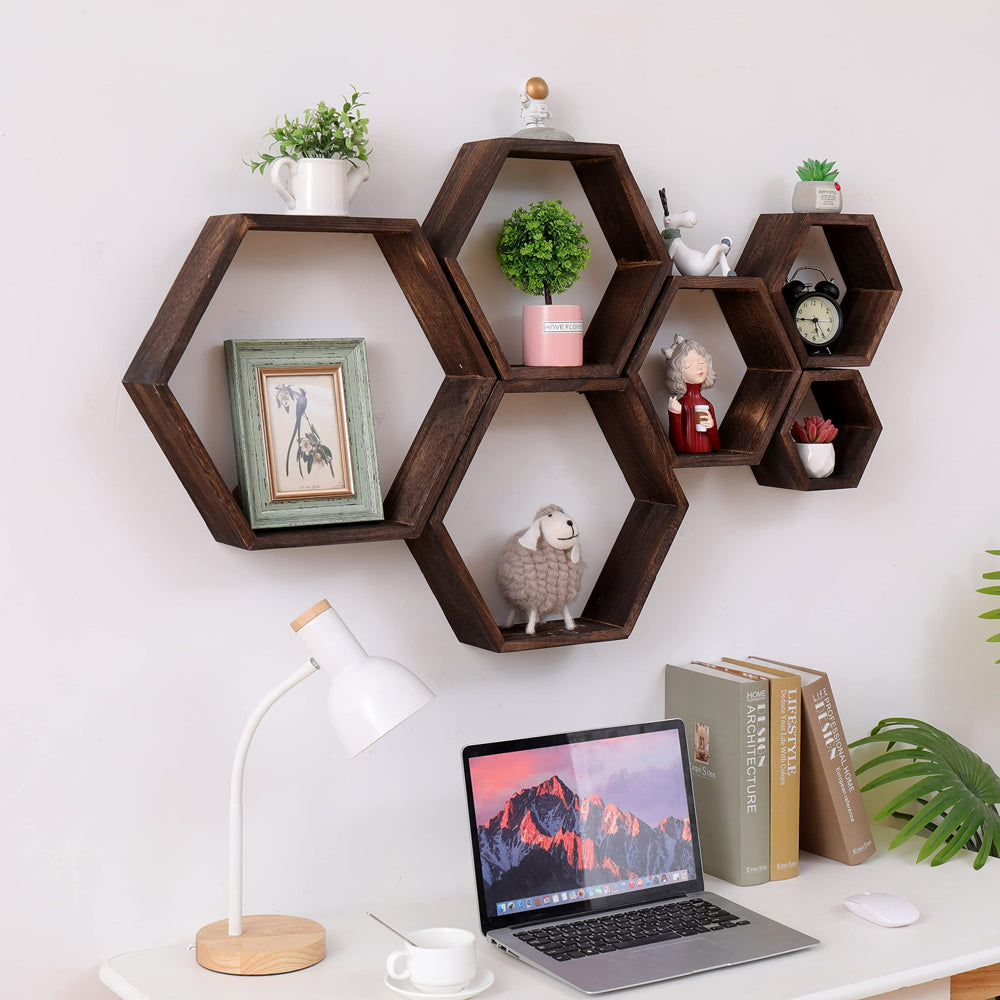 Hexagon Floating Shelves,Large Size Wall Mounted Wood Farmhouse Storage Honeycomb Wall 6 of Shelves , Hexagonal Decor Wall Shelves for Bedroom, Living Room, Office, Brwon