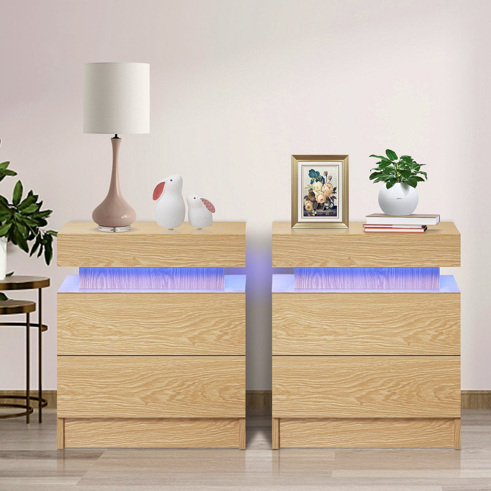 2 Drawer Modern Nightstand with RGB LED Light High Gloss Bedside Tables for Bedroom White