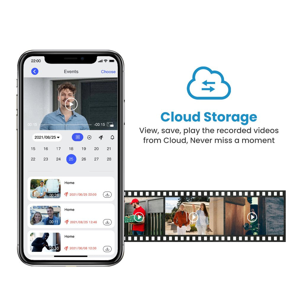 Wireless Doorbell Camera with Smart Chime, AI Smart Human Detection, Cloud Storage, HD Live Image, 2-Way Audio, Night Vision, 2.4G Wifi Compatible, Battery Powered
