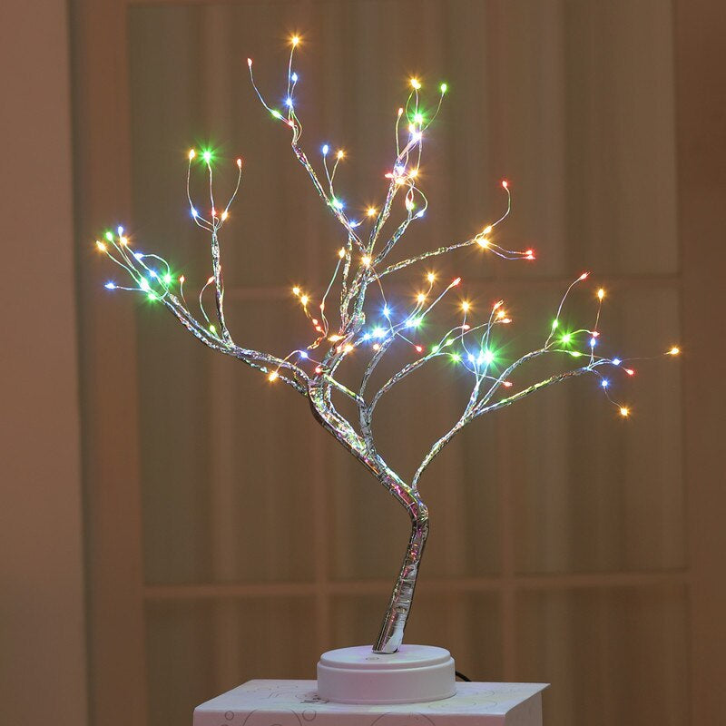 Professional title: "Elegant Tabletop Tree Lamp with LED Lights, Dual USB and AA Battery Power Options for Bedroom, Home, and Party Decor"