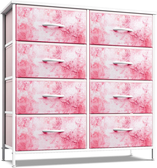 Dresser with 8 Drawers - Furniture Storage Chest Tower Unit for Bedroom, Hallway, Closet, Office Organization - Steel Frame, Wood Top, Easy Pull Fabric Bins (8-Drawer, Pink)