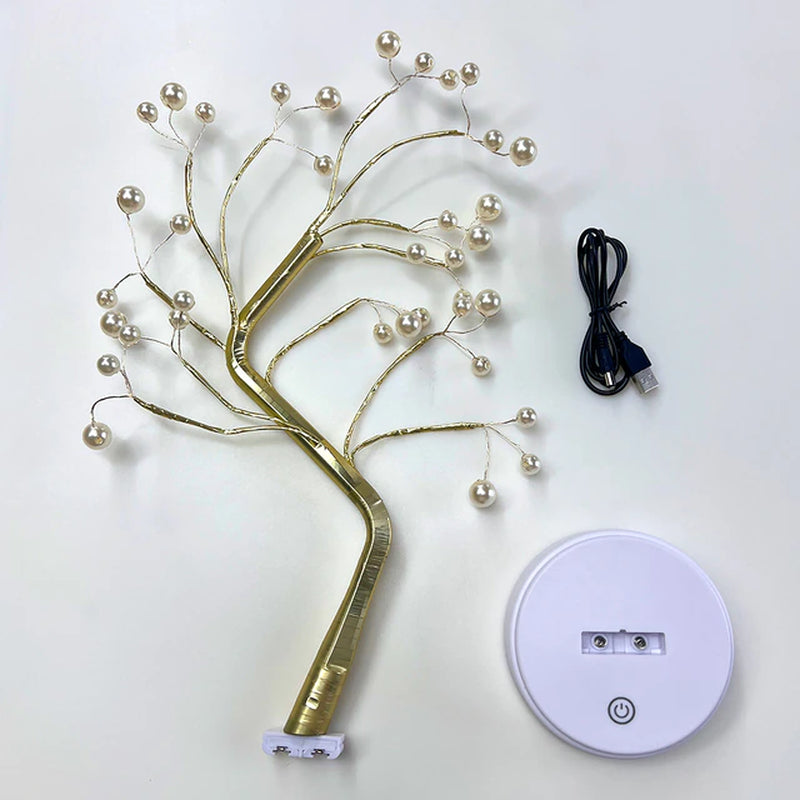 Professional title: "Elegant Tabletop Tree Lamp with LED Lights, Dual USB and AA Battery Power Options for Bedroom, Home, and Party Decor"