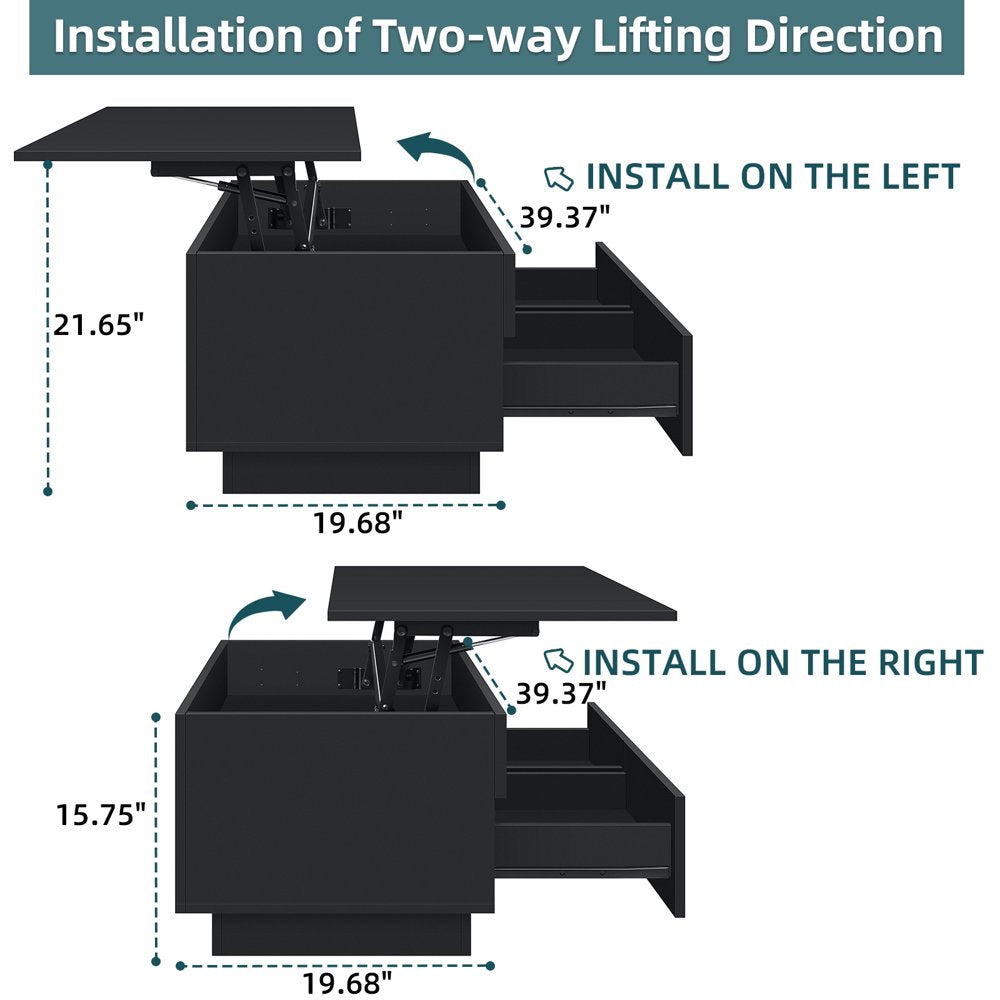 Lift Top Coffee Table LED Tea Table with 2 Storage Drawers and Hidden Compartment Rectangle Rising Accent Cocktail Desk Black