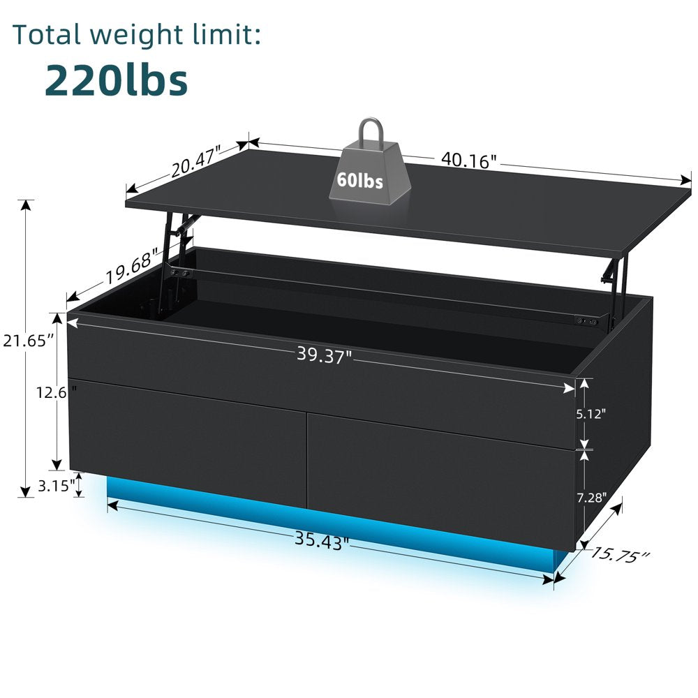 Lift Top Coffee Table LED Tea Table with 2 Storage Drawers and Hidden Compartment Rectangle Rising Accent Cocktail Desk Black